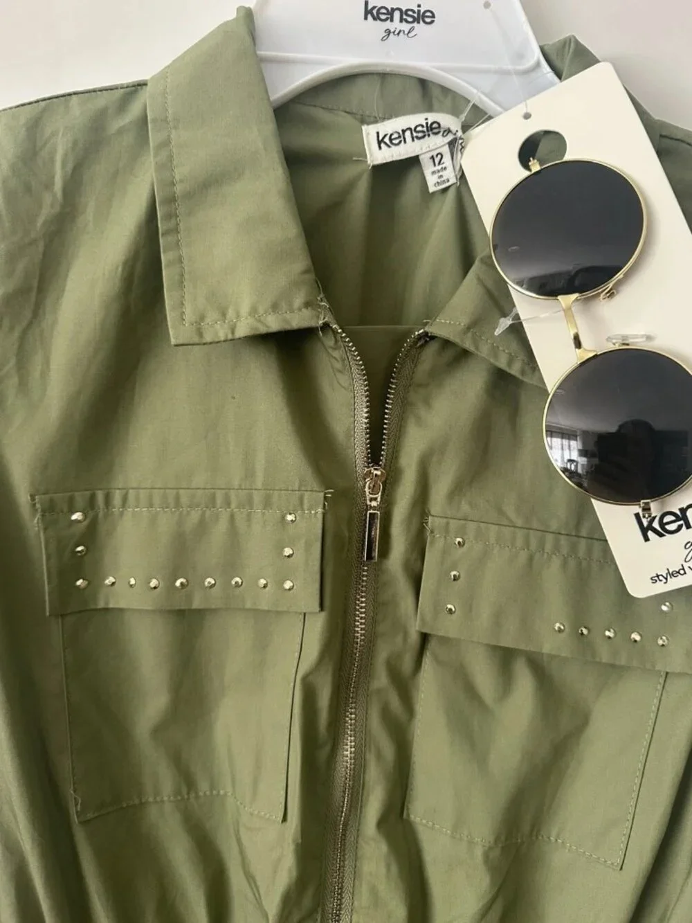 Kensie Girl Girls 12 Olive Utility Jumpsuit Sunglasses NWT